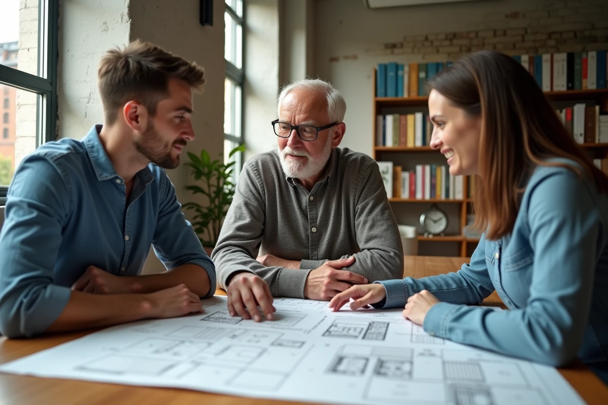Groupe de trois personnes discute autour de plans d