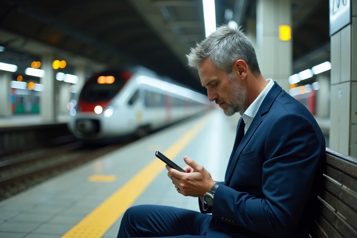 Homme d'affaires consultant son téléphone sur le quai d'un train grande vitesse à la gare de Lille-Europe