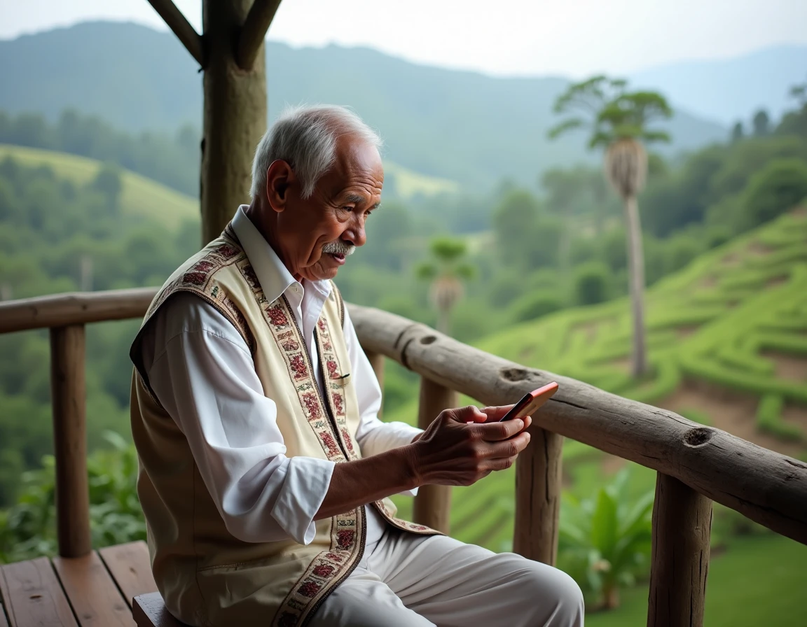 Homme âgé malgache en costume traditionnel brodé faisant un appel vidéo depuis une véranda rurale sur les hautes terres
