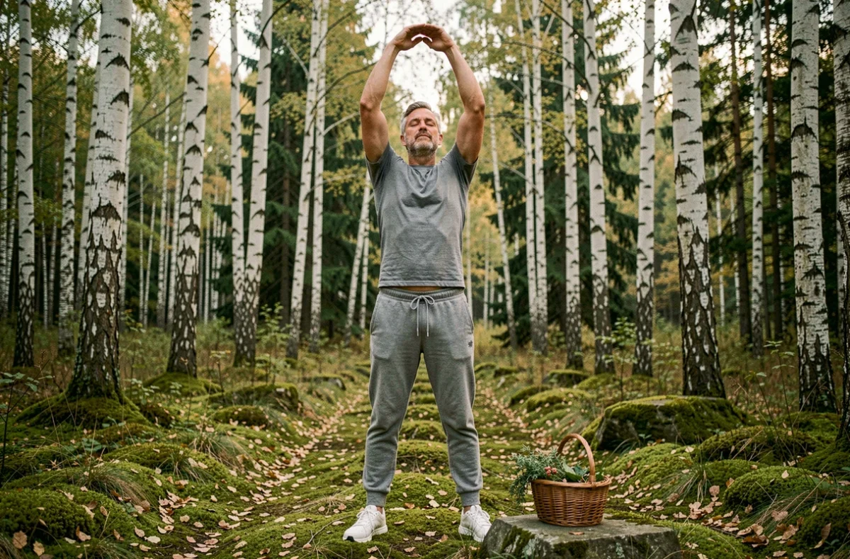 Homme pratiquant des étirements en plein air dans une forêt de bouleaux pour un mode de vie sain et naturel