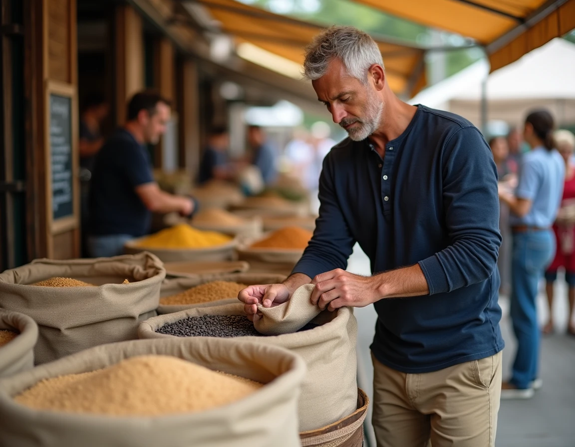 Homme remplissant des sacs réutilisables en tissu dans un marché en vrac zéro déchet en plein air avec étals en bois et produits biologiques