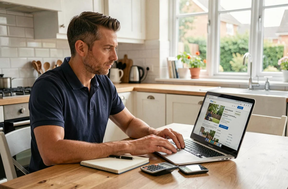 Homme consultant un site de location sur son ordinateur portable dans sa cuisine pour monétiser sa résidence principale