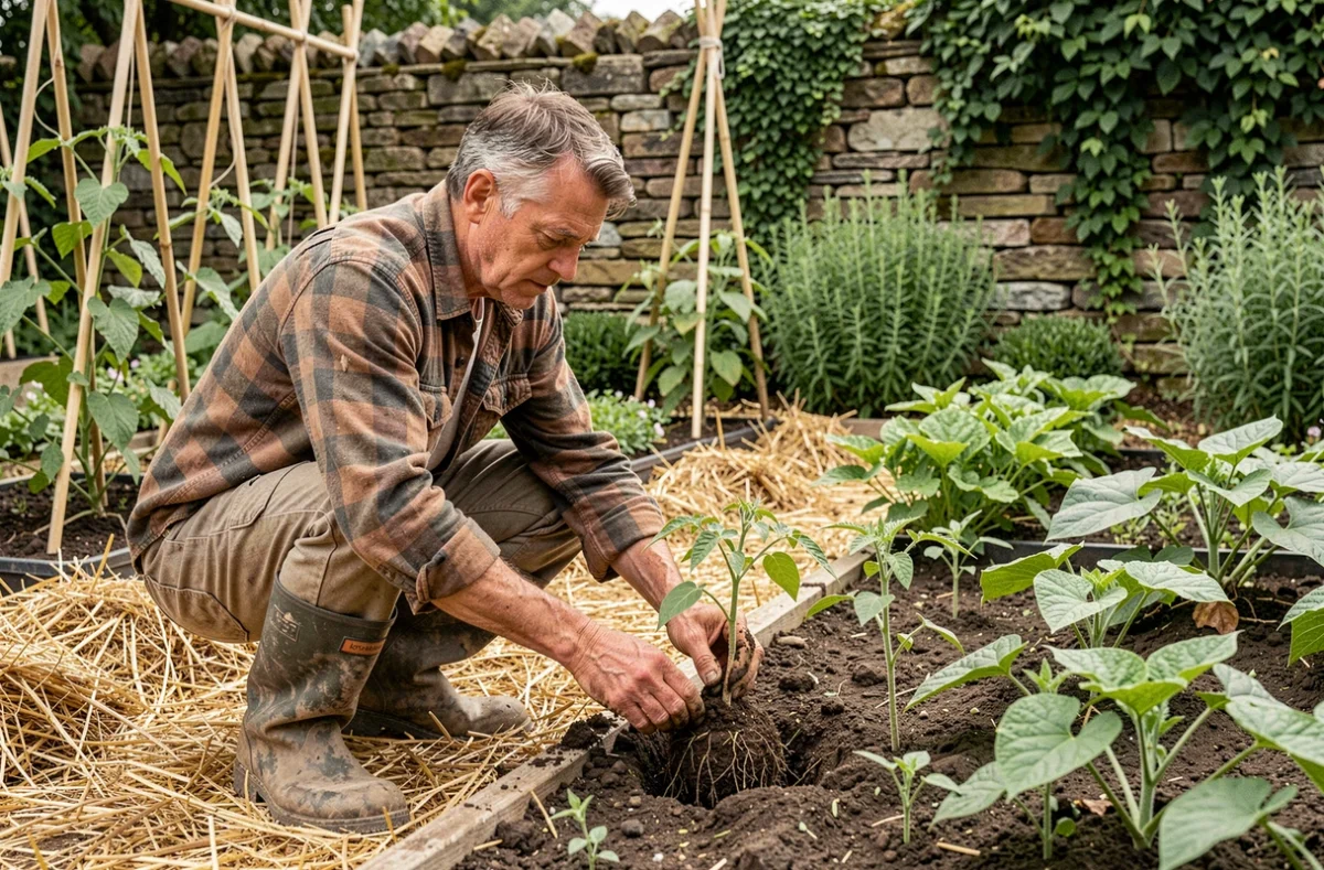 Homme en train de repiquer des plants de tomates dans un potager biologique entouré de légumes en pleine croissance