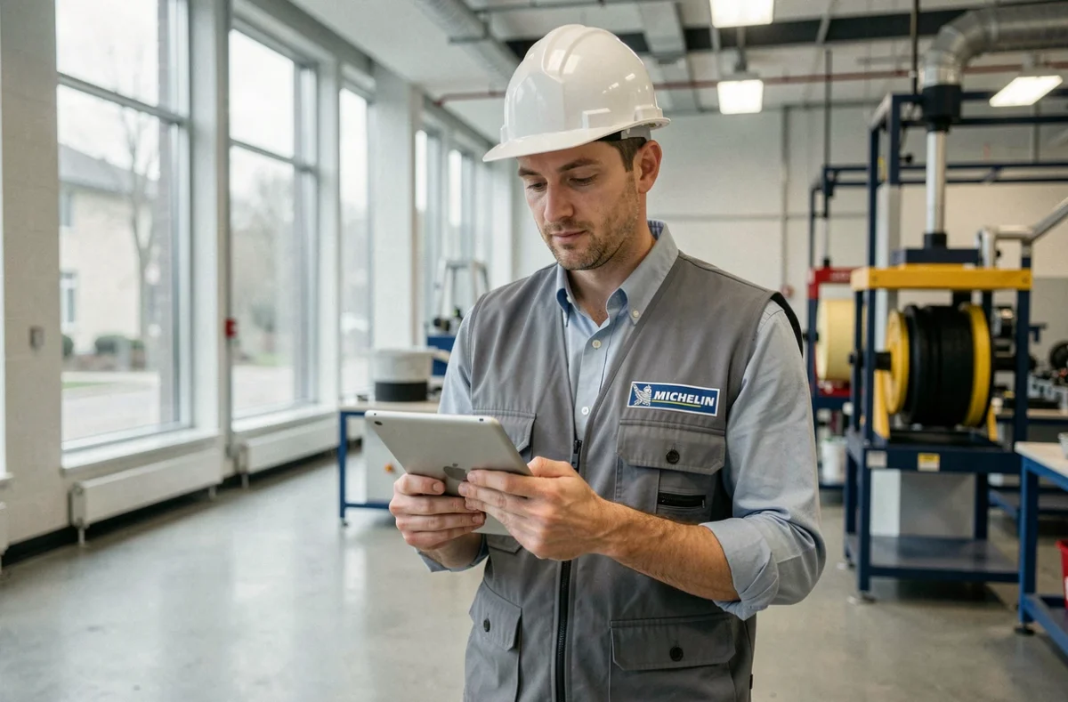 Ingénieur Michelin dans un laboratoire de recherche et développement illustrant l'innovation et les conditions de travail avancées