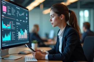 Jeune femme entrepreneure au bureau moderne avec tablette