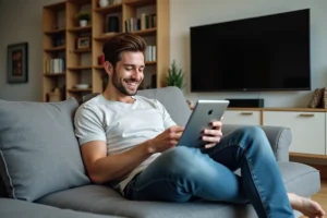 Jeune homme détendu avec tablette dans un salon moderne