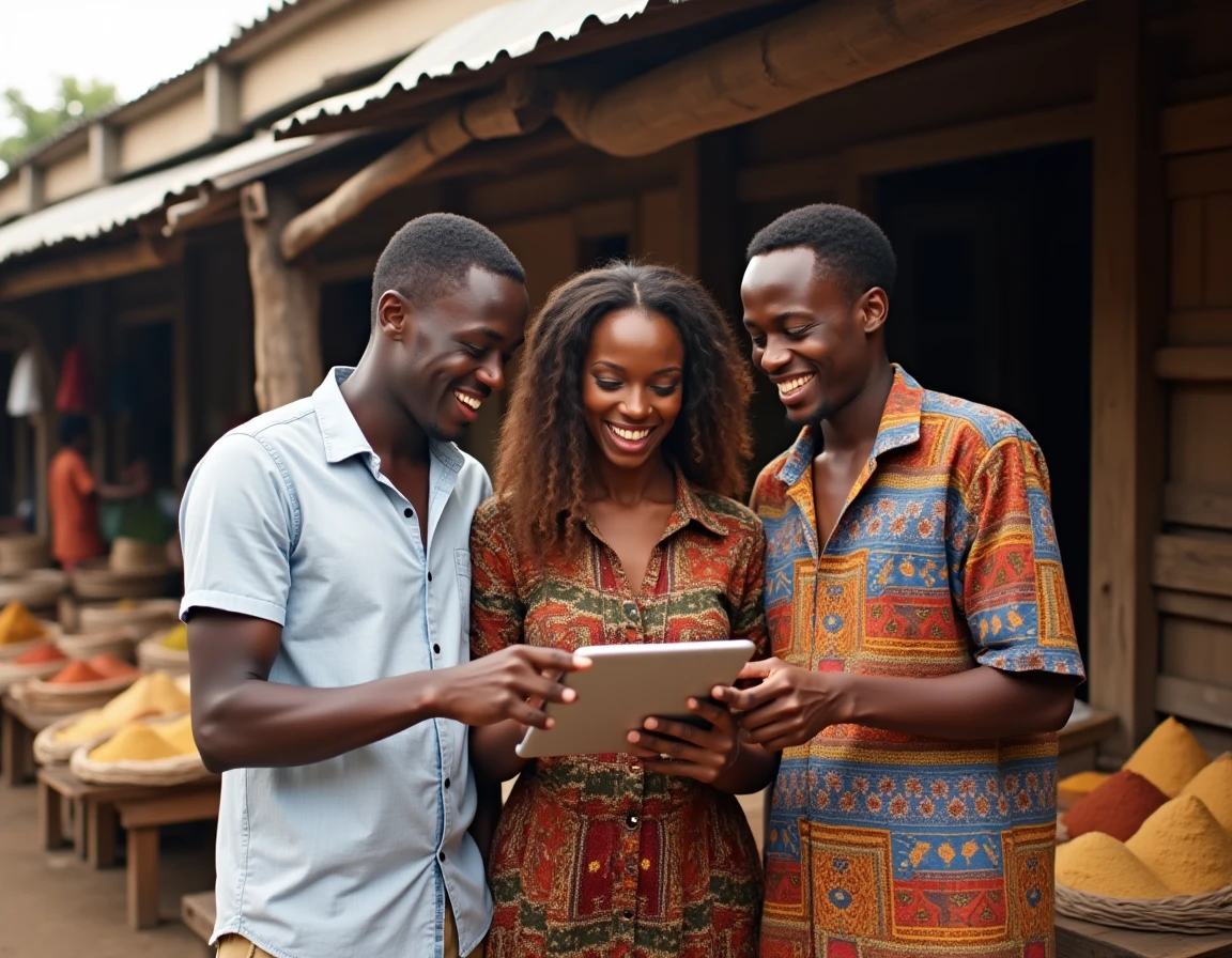 Groupe de jeunes adultes malgaches partageant du contenu culturel sur une tablette dans un marché animé