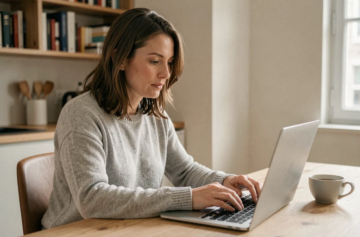 Femme payant son loyer en ligne via un ordinateur portable dans un appartement moderne