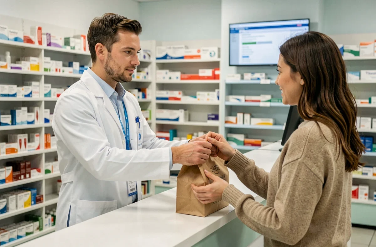 Pharmacien remettant des médicaments à une cliente grâce à la prise en charge de la mutuelle 602