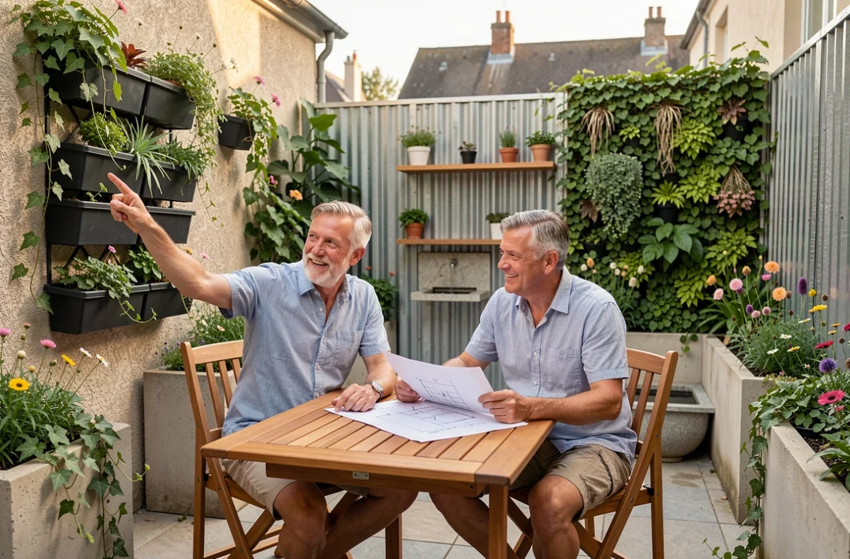 Couple planifiant l'aménagement de leur terrasse étroite avec jardin vertical mural et mobilier de jardin compact en teck