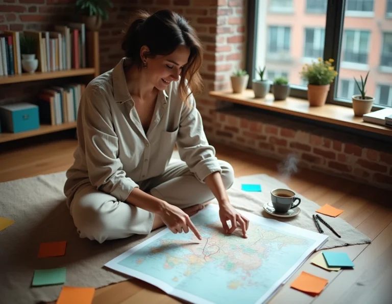 Femme planifiant un voyage sur mesure entourée de cartes et d'un journal de voyage dans un bureau cosy