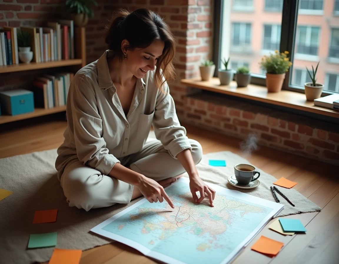 Femme planifiant un voyage sur mesure entourée de cartes et d'un journal de voyage dans un bureau cosy