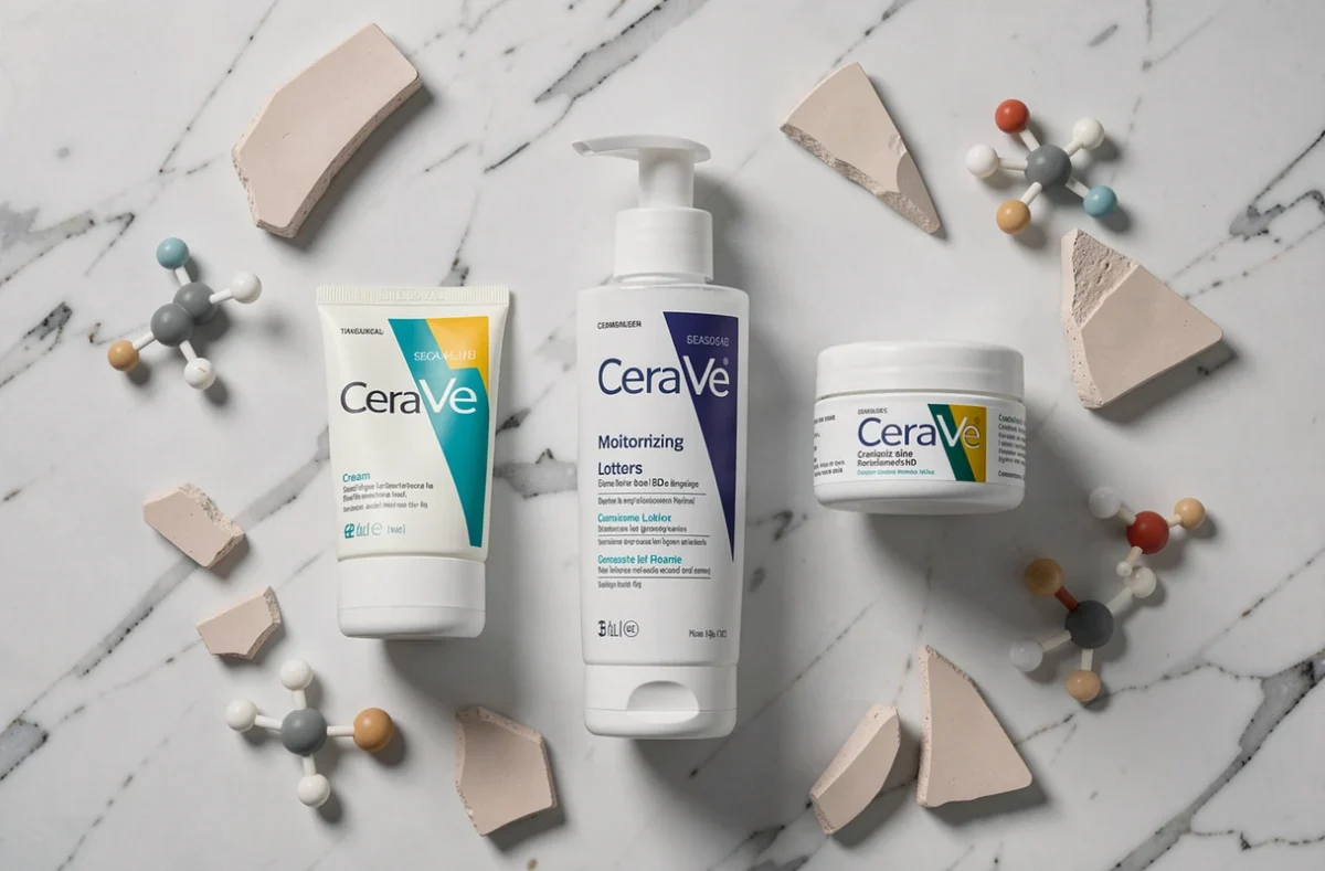 Présentation à plat de produits de soin CeraVe sur marbre blanc avec détails des emballages