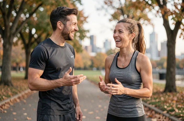 Un homme et une femme en tenue de running se rencontrent et rient ensemble dans un parc urbain en automne, illustrant les rencontres sportives en ligne
