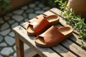 Sandales confortables en cuir naturel avec semelle en liège, alternative aux Birkenstock, posées sur un banc en bois