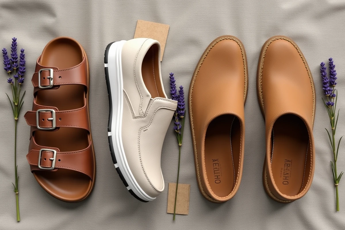 Sélection de quatre modèles de chaussures confortables et tendance, alternatives aux Birkenstock, en vue à plat sur lin