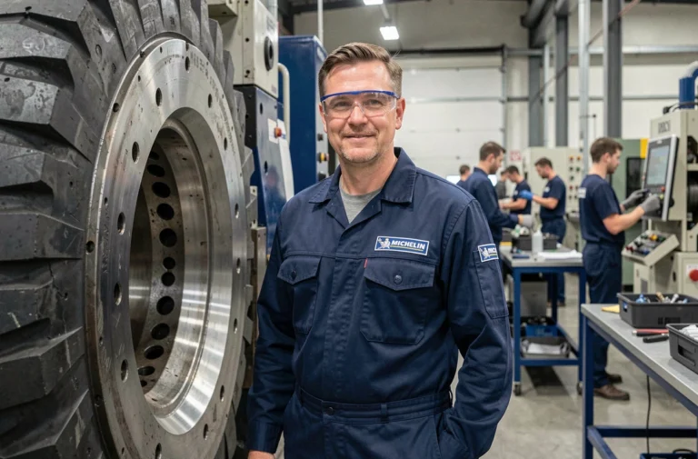 Technicien Michelin en uniforme dans une usine moderne avec équipements industriels en arrière-plan