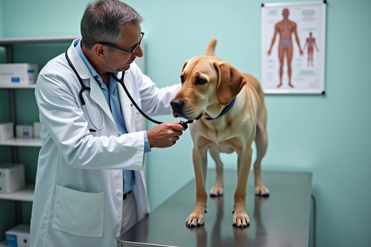 Vétérinaire examinant un vieux labrador en consultation clinique avec stéthoscope