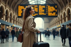 Voyageuse avec valise consultant le tableau des départs à la gare de Lille-Flandres